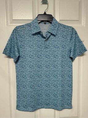 Boys Southern Tide Light Blue Polo with Navy Fish Pattern Large 12/14